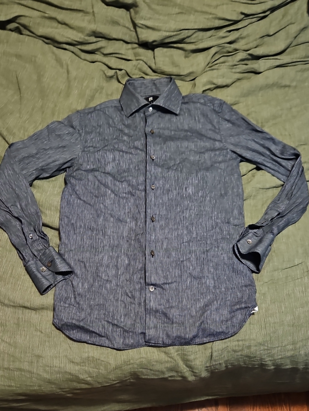 Men's Black/Navy Textured Button-Down Shirt - Linen Blend